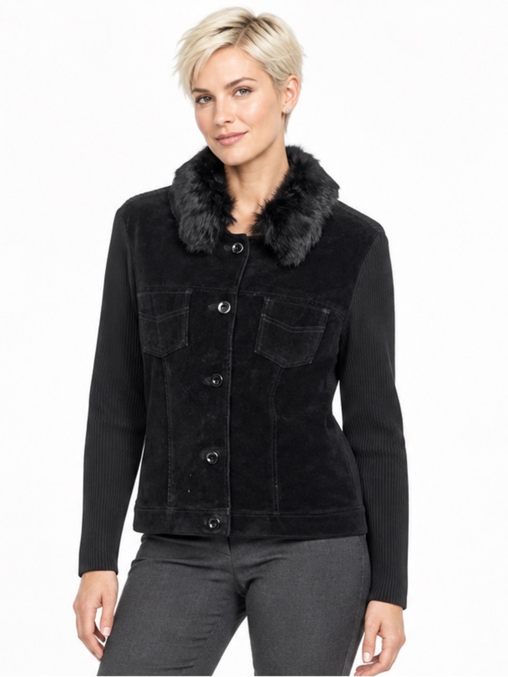 Vintage Escapade Black Suede Rabbit Fur Collar Knit Jacket Y2K Medium